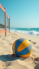 Obraz premium A single volleyball lies on the sand near a net on a secluded beach, volleyball, alone, leisure
