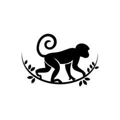 This is a black-and-white vector illustration of a monkey walking on a curved tree branch with leaves. The monkey has a curled tail, giving the design an artistic and stylized appearance.







