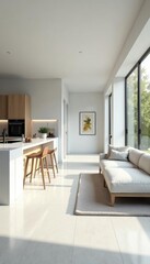 Fototapeta premium Bright white living room, open plan kitchen Modern minimalist design , flooring, bright interior, minimalist