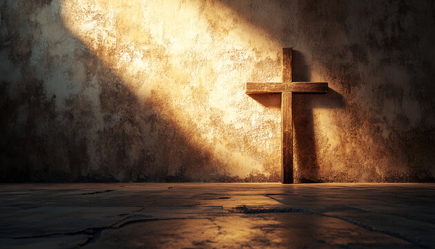 Ash Wednesday. Watercolor Illustration of a Wooden Cross in Sunlit Room. Concept of Faith, Spiritual Reflection