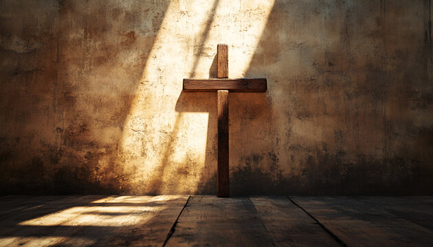 Ash Wednesday. Watercolor Illustration of a Wooden Cross in Sunlit Room. Concept of Faith, Spiritual Reflection