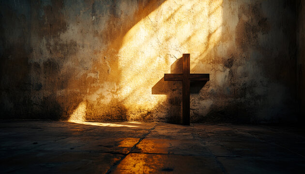 Ash Wednesday. Watercolor Illustration of a Wooden Cross in Sunlit Room. Concept of Faith, Spiritual Reflection
