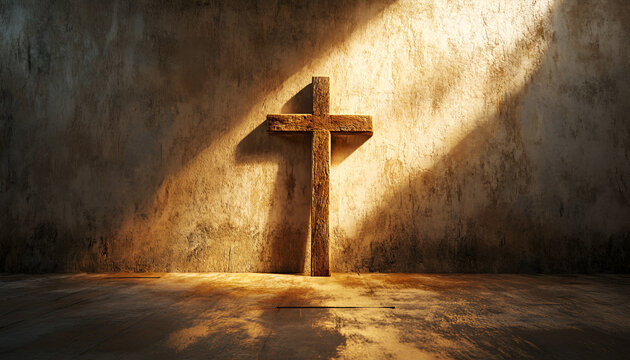Ash Wednesday. Watercolor Illustration of a Wooden Cross in Sunlit Room. Concept of Faith, Spiritual Reflection