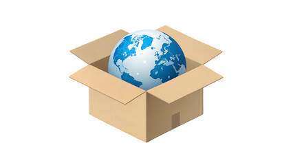 Blue globe with continents and stars inside of a cardboard box on a black background isolatedisolated on transparent background	