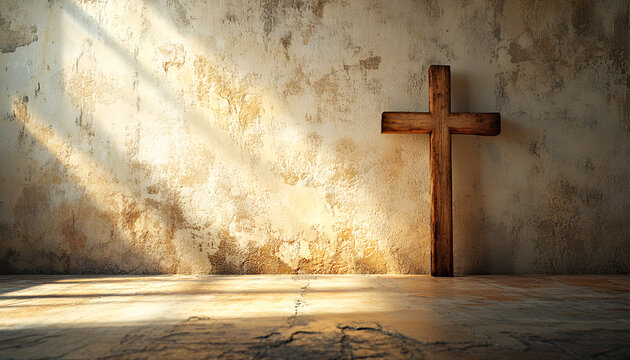 Ash Wednesday. Watercolor Illustration of a Wooden Cross in Sunlit Room. Concept of Faith, Spiritual Reflection