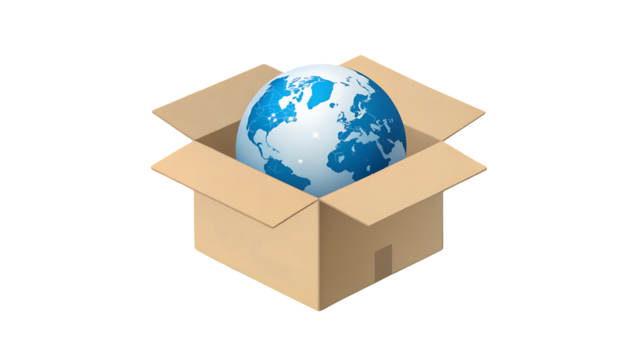 Blue globe with continents and stars inside of a cardboard box on a black background isolatedisolated on transparent background	