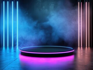 Futuristic neon-lit platform with blue and pink lights, ideal for product display, presentation, or events in a modern digital environment highlighting innovation and creativity