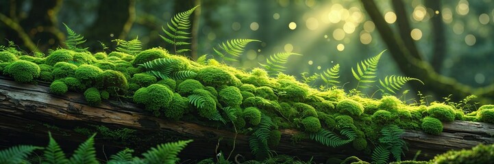 Enchanting forest floor: Lush moss and ferns bathed in dappled sunlight creating a peaceful scene © Yho Stock
