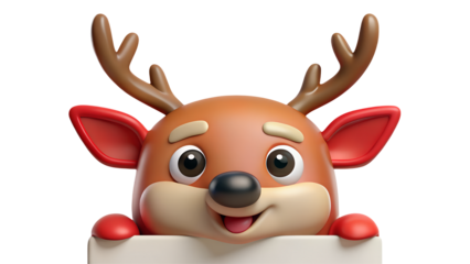 Cartoon reindeer with antlers and red ears peering over a white sign on a black backgroundisolated on transparent background	