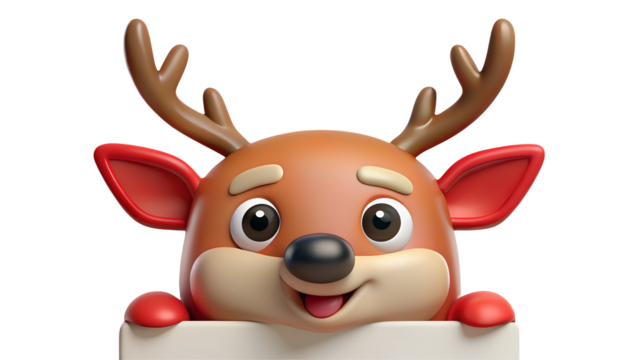 Cartoon reindeer with antlers and red ears peering over a white sign on a black backgroundisolated on transparent background	
