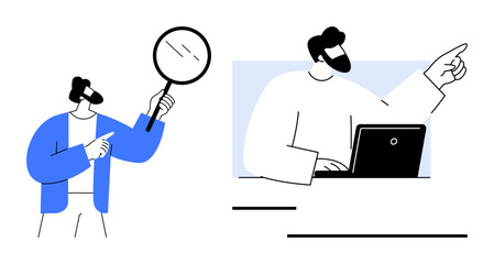 Man analyzing with magnifying glass and colleague pointing while using laptop. Ideal for teamwork, research, discussion, strategy, management, leadership, collaboration. Flat simple metaphor