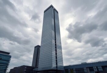 Fototapeta premium Grey Rotterdam skyscraper dominates cloudy sky, modern architecture, Netherlands, architectural photography