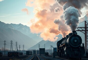 Grimy industrial scene; billowing train smoke against majestic mountains, industrial revolution, pollution
