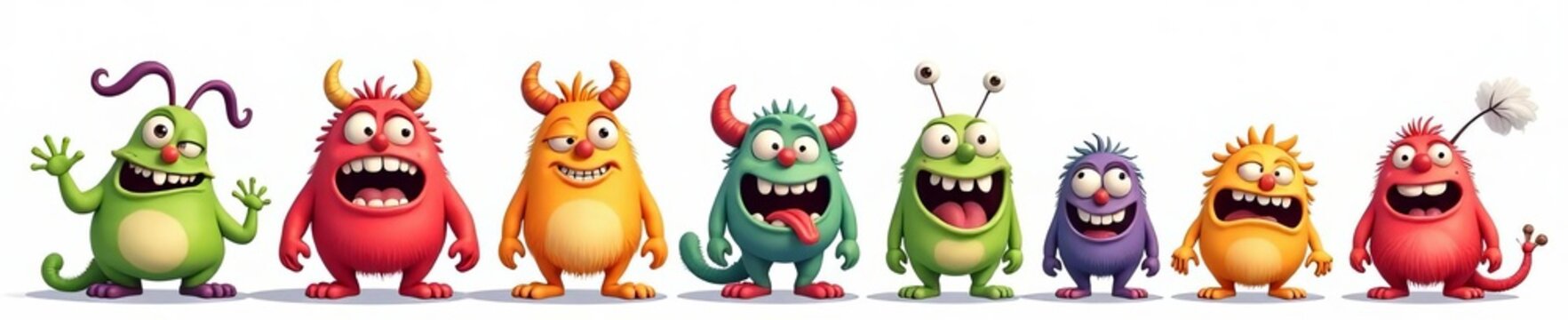 Group of mischievous cartoon monsters with wacky expressions on white background, characters, mischievous