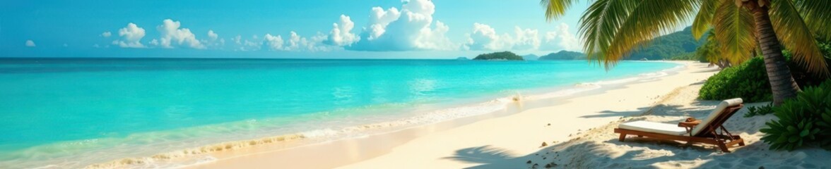 Fototapeta premium Azure waters lap golden sand, palms sway gently , summer, calm, tropical