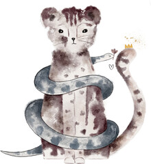 Cute cheetah with snake watercolor illustration