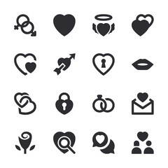 A set of black and white icons that include hearts, a rose, a key, a lock