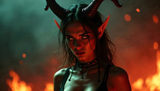 Woman in demonic costume with horns and elf ears. Dark fantasy concept. Halloween character portrayal. Eerie atmospheric lighting with red and green tones. Supernatural theme.