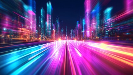 Fototapeta premium Futuristic city street at night with vibrant, motion-blurred lights. High-speed, vibrant neon glow