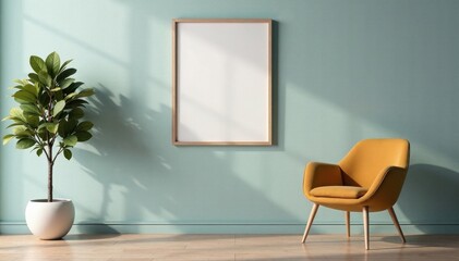 Empty landscape wooden frame mockup on grey wall, elegant, design, design element