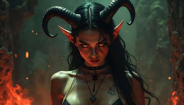 Woman as demonic creature with horns and glowing eyes in dark forest. Fantasy art of evil seductress. Halloween costume concept. Eerie atmosphere for horror book cover.