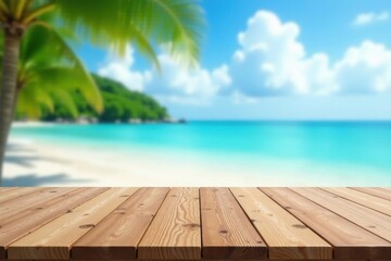 Fototapeta premium Empty wooden table on tropical beach; blurred ocean, sky, clouds , yellow, summer, bokeh
