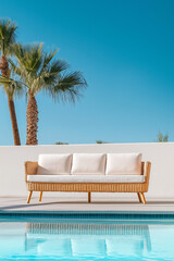 Fototapeta premium Moderne Couch am Pool mit Palmen und klarem, blauem Himmel