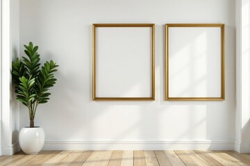 Elegant empty gold frames on pristine white wall, simple, house, ornate