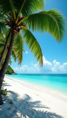 Obraz premium Lush palms bend over white sand beach; ocean view , nature, sand