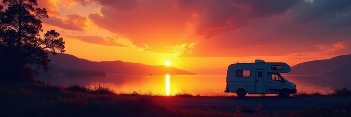 Golden sunset over lake, camper van, silhouetted trees, peaceful, adventure, wildlife