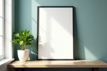 Office poster mockup with plant, stylish setting, frame, environment, wall