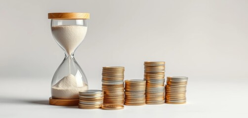 Hourglass draining sand beside growing stacks of coins on neutral background, dollar, business