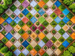 Aerial View: Geometric Ornamental Design with Checkered and Diamond Patterns