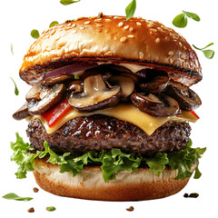 Juicy Burger with Mushrooms Swiss Cheese and Onions Isolated on Transparent Background