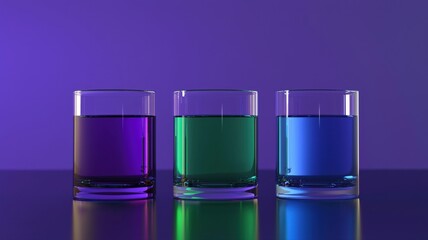 Three glass beakers filled with vibrant purple, green, and blue liquids, softly lit with ambient reflections. Ideal for science visuals, chemistry concepts, lab branding, and educational materials.
