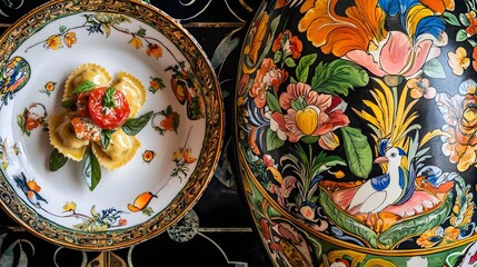 Artfully Plated Gourmet Pasta Dish With Fresh Herbs and Colorful Decorative Elements