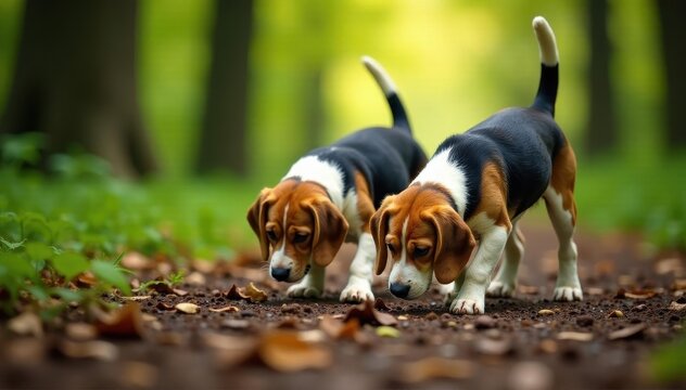 Pair of beagles sniffing ground in dense woodland , branches, ground