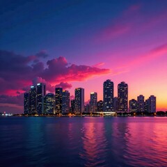 Fototapeta premium Miami's dazzling skyline at sunset, vibrant colors , night, water, sunset