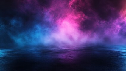 Vibrant pink and blue mist over a reflective water surface.