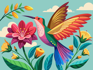 Obraz premium vector of Hummingbird flying next to beautiful flower