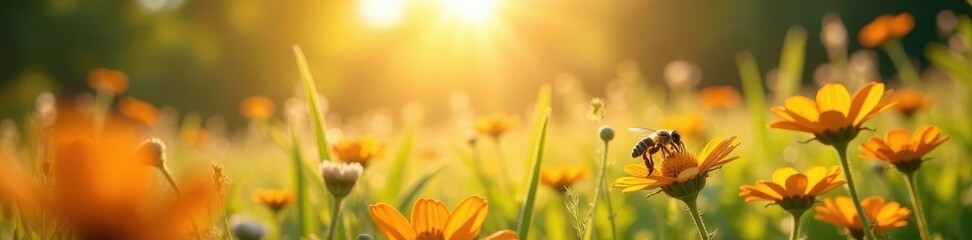 Sunlit meadow bursts with wildflowers, buzzing with bees, red, floral