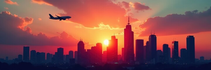 Naklejka premium Modern business towers, airplane silhouette at sunset, corporate, aerial, reflection