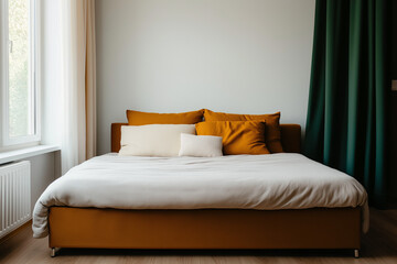 Modernes Bett steht im Schlafzimmer

