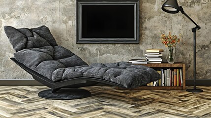 Modern Chaise Lounge Chair in Elegant Living Room with Decorative Shelves and Cozy Atmosphere