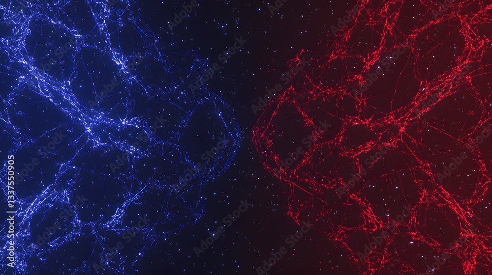 Wall mural abstract digital visualization of blue and red energy patterns with stars in background