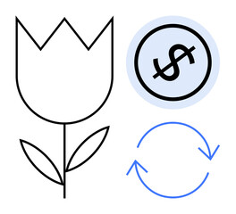 Minimalist flower, dollar sign, and circular arrows representing eco-finance, green economy, environmental conservation, and circular economy. Ideal for sustainability, environmental practices
