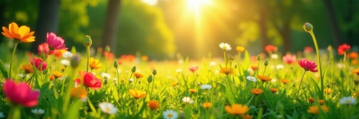 Vibrant blooms, sun-drenched meadow, lush greenery, wildflowers, illustration, background