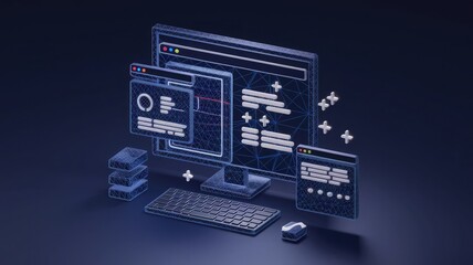 Abstract polygonal 3d illustration of computer screen and robotics in dark blue. Innovative web development, app or website design concept. Digital vector mesh with lines, dots, stars and particles 