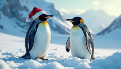 Fototapeta premium Two penguins, red Santa hats, snowy landscape, christmas background, illustration, arctic