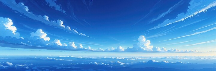 Serene blue sky panorama with fluffy white clouds in artistic dreamscape 70mm lens